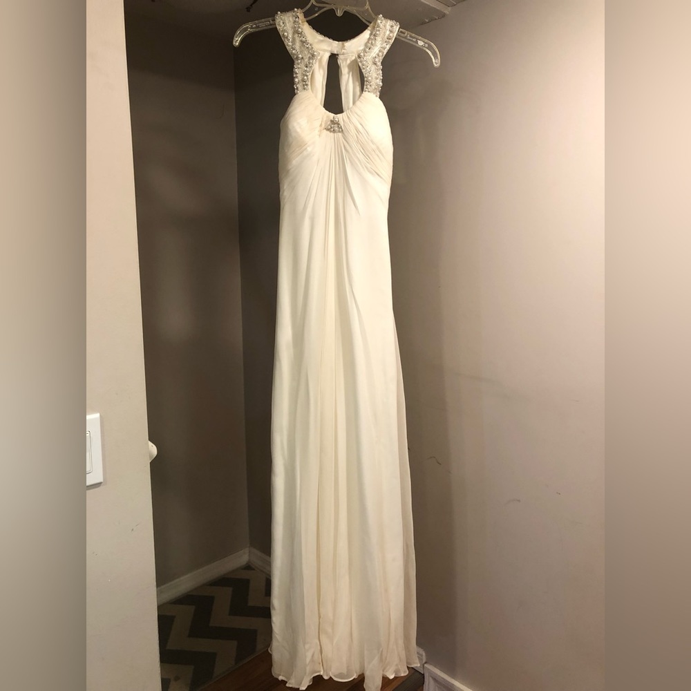 Aidan Mattox white silver and pearl beaded neck gown
- size 0